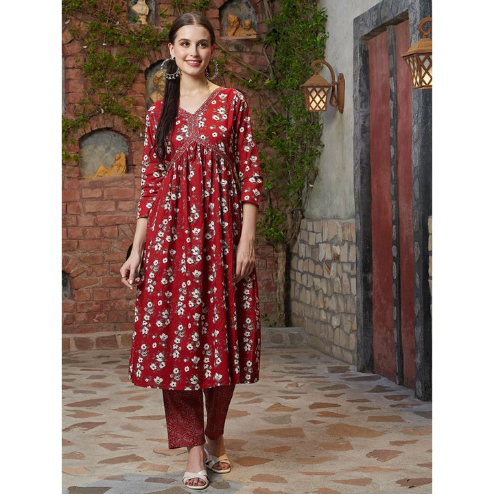 FASHOR Floral Printed A-Line Red Anarkali Kurta with Pant (Set of 2)