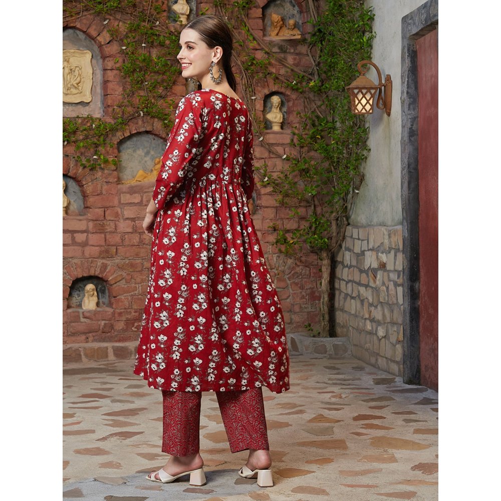 FASHOR Floral Printed A-Line Red Anarkali Kurta with Pant (Set of 2)