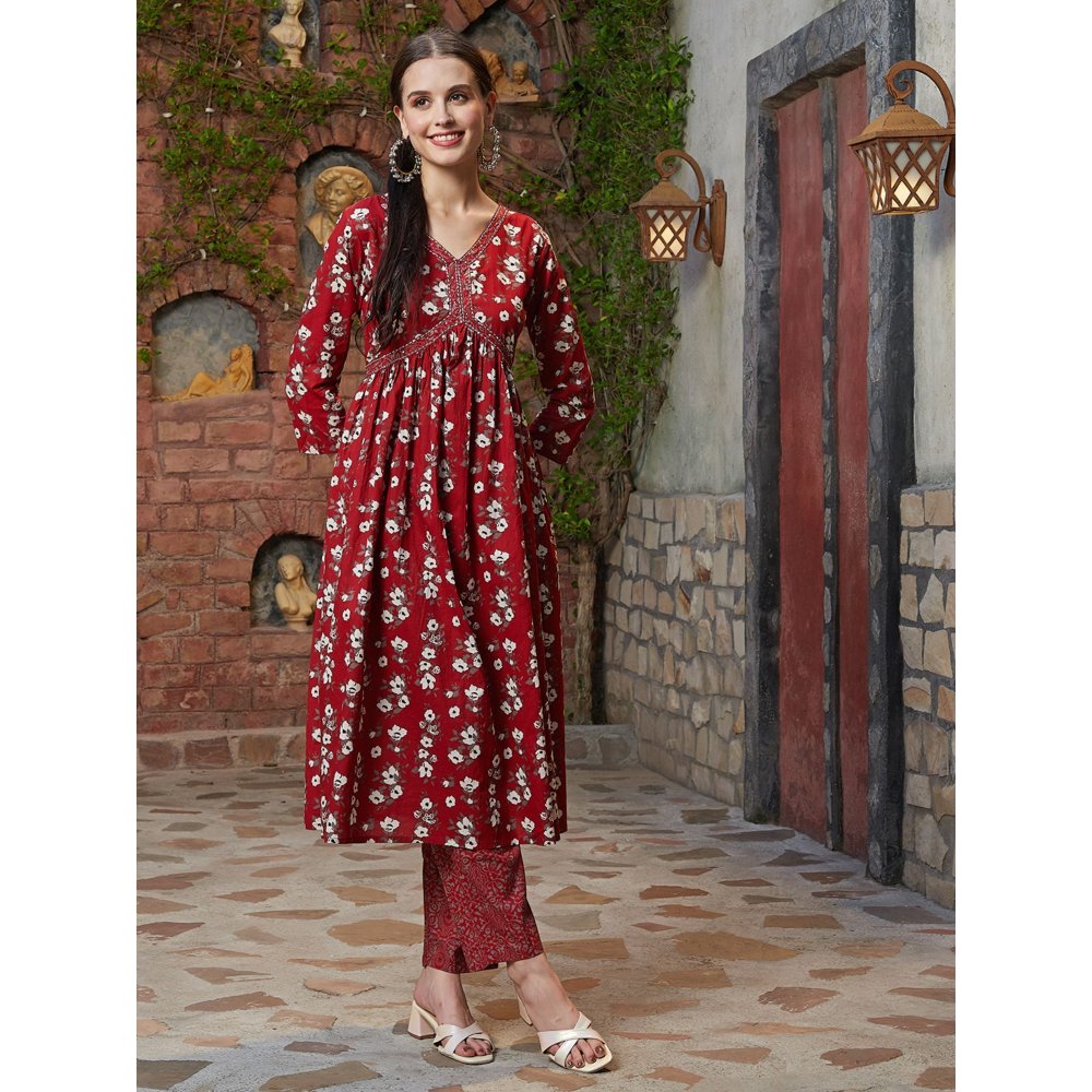 FASHOR Floral Printed A-Line Red Anarkali Kurta with Pant (Set of 2)