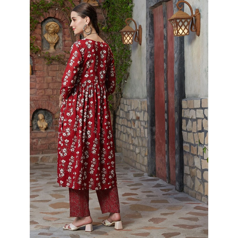 FASHOR Floral Printed A-Line Red Anarkali Kurta with Pant (Set of 2)