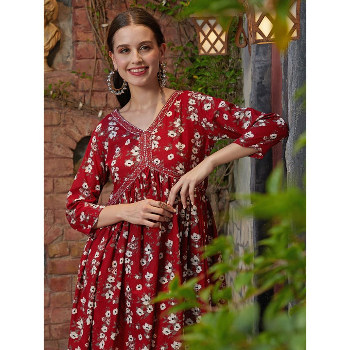 FASHOR Floral Printed A-Line Red Anarkali Kurta with Pant (Set of 2)