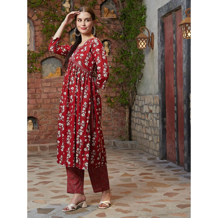 FASHOR Floral Printed A-Line Red Anarkali Kurta with Pant (Set of 2)