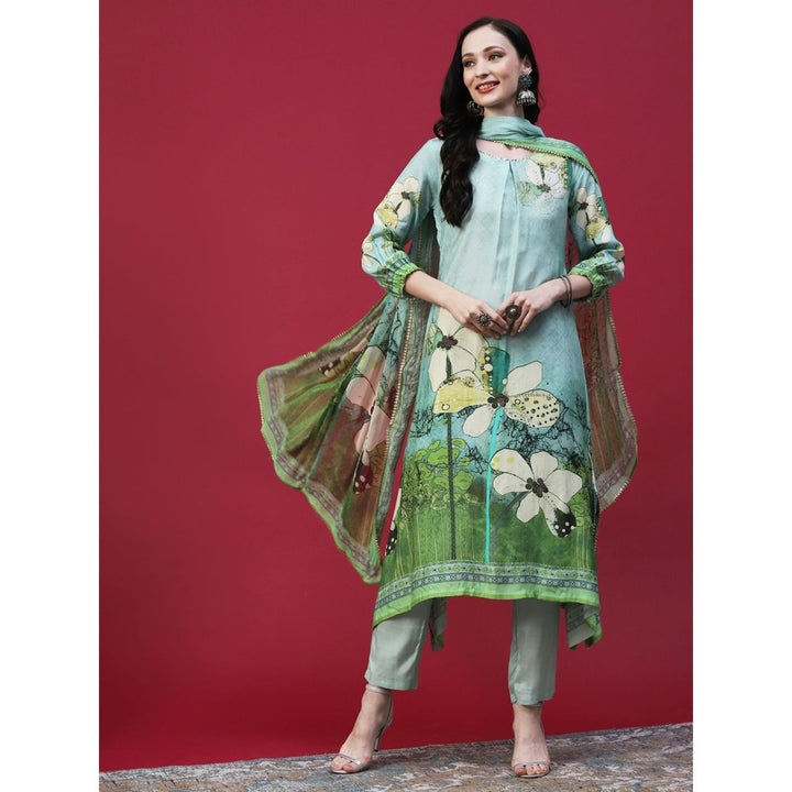 FASHOR Floral Printed Embellished Kurta with Pants and Printed Dupatta - Green (Set of 3)