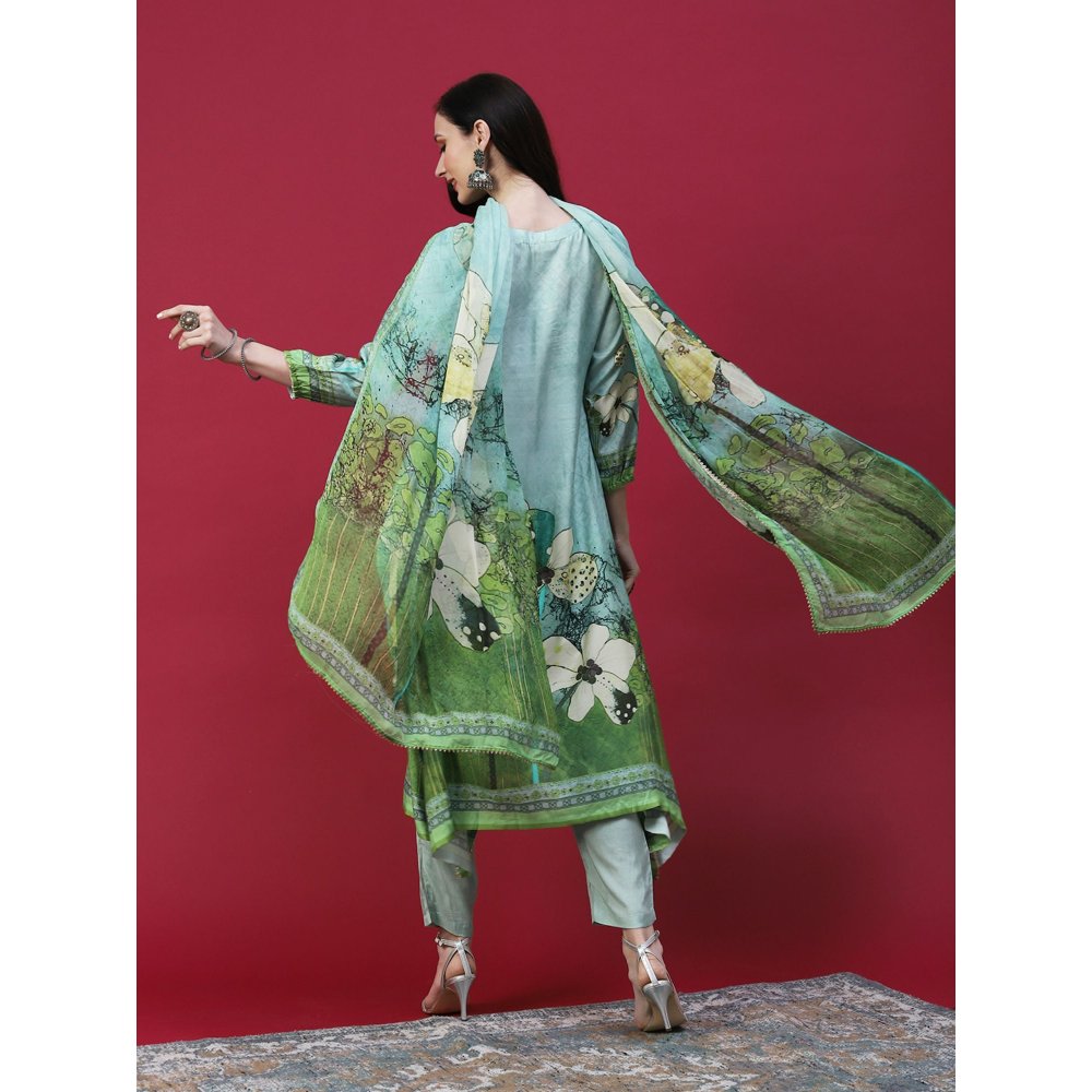 FASHOR Floral Printed Embellished Kurta with Pants and Printed Dupatta - Green (Set of 3)