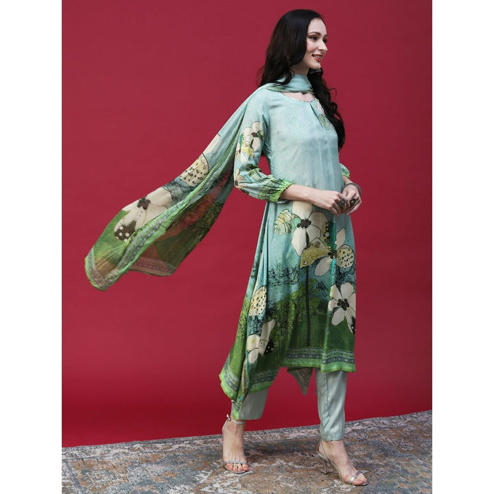 FASHOR Floral Printed Embellished Kurta with Pants and Printed Dupatta - Green (Set of 3)