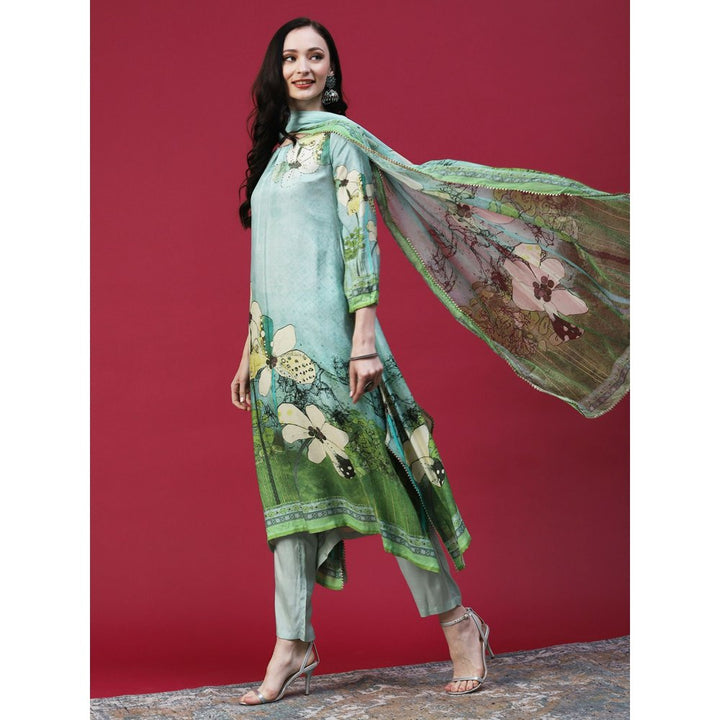 FASHOR Floral Printed Embellished Kurta with Pants and Printed Dupatta - Green (Set of 3)