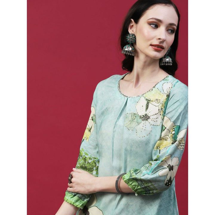 FASHOR Floral Printed Embellished Kurta with Pants and Printed Dupatta - Green (Set of 3)