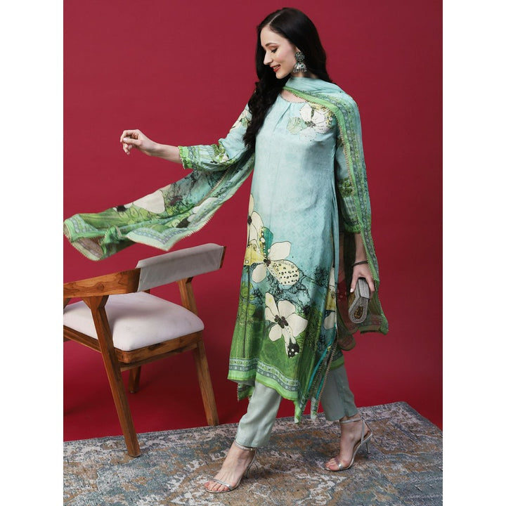 FASHOR Floral Printed Embellished Kurta with Pants and Printed Dupatta - Green (Set of 3)