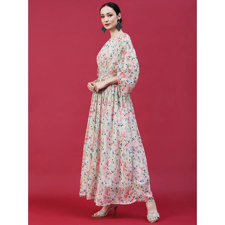 FASHOR Floral Printed and Hand Embroidered Fit and Flare Maxi Dress - Multi