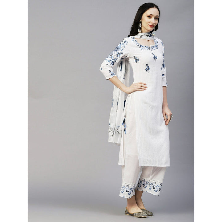 FASHOR Woven Dobby Striped Resham Embroidered Kurta with Palazzo Dupatta-White (Set of 3)