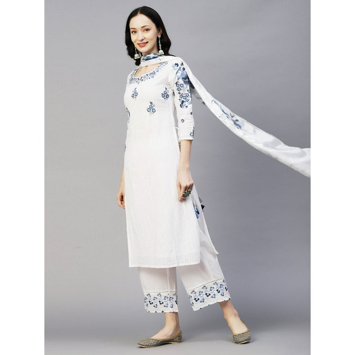 FASHOR Woven Dobby Striped Resham Embroidered Kurta with Palazzo Dupatta-White (Set of 3)