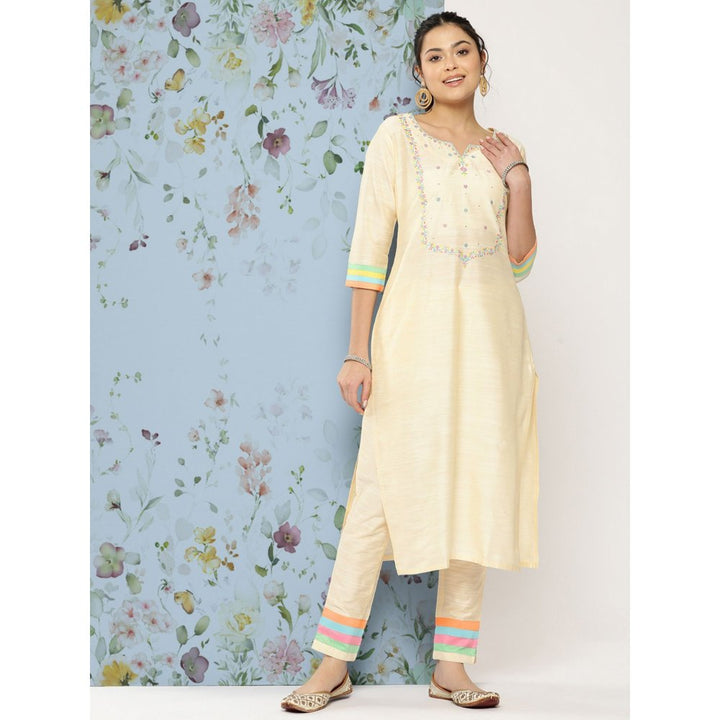 FASHOR Solid Floral Embroidered Straight Fit Kurta with Pant-Off White (Set of 2)