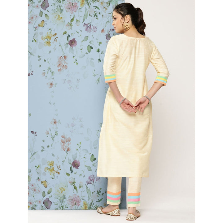 FASHOR Solid Floral Embroidered Straight Fit Kurta with Pant-Off White (Set of 2)