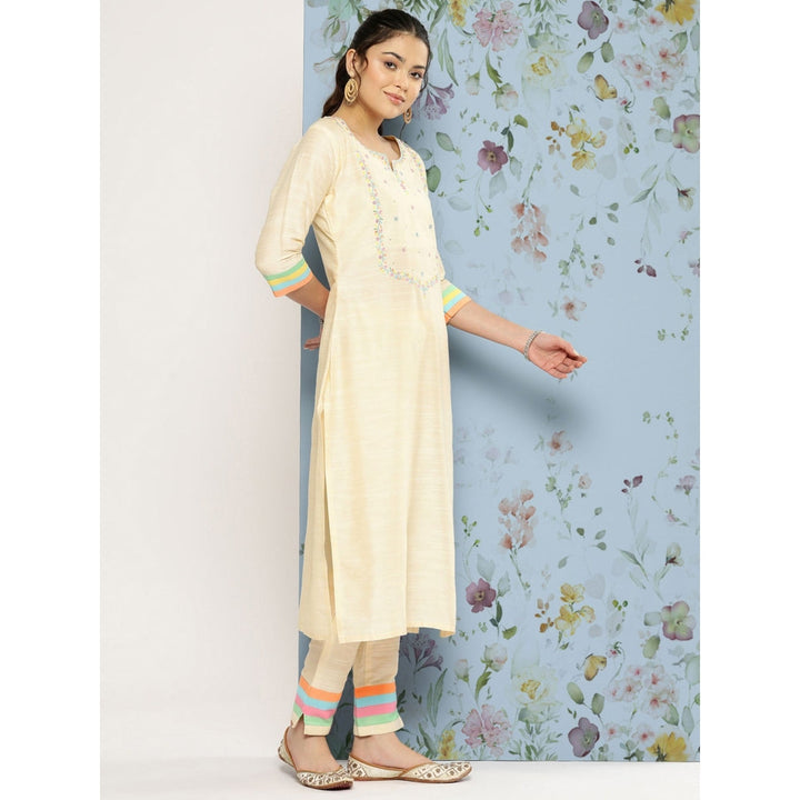 FASHOR Solid Floral Embroidered Straight Fit Kurta with Pant-Off White (Set of 2)