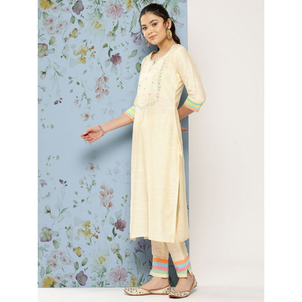 FASHOR Solid Floral Embroidered Straight Fit Kurta with Pant-Off White (Set of 2)