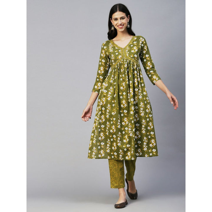 FASHOR Ethnic Floral Printed & Embroidered A-Line Kurta with Pant-Green (Set of 2)