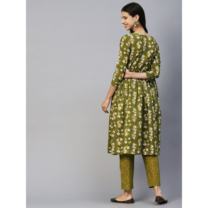 FASHOR Ethnic Floral Printed & Embroidered A-Line Kurta with Pant-Green (Set of 2)