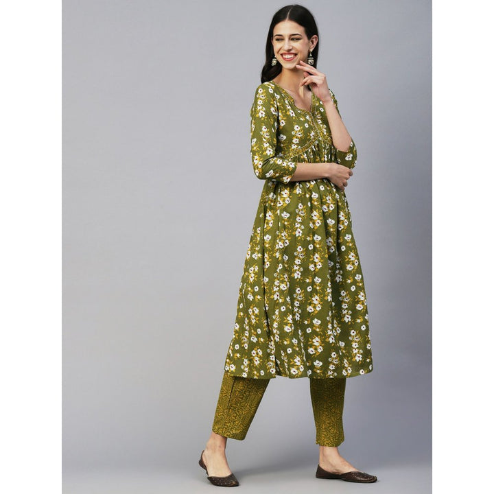 FASHOR Ethnic Floral Printed & Embroidered A-Line Kurta with Pant-Green (Set of 2)