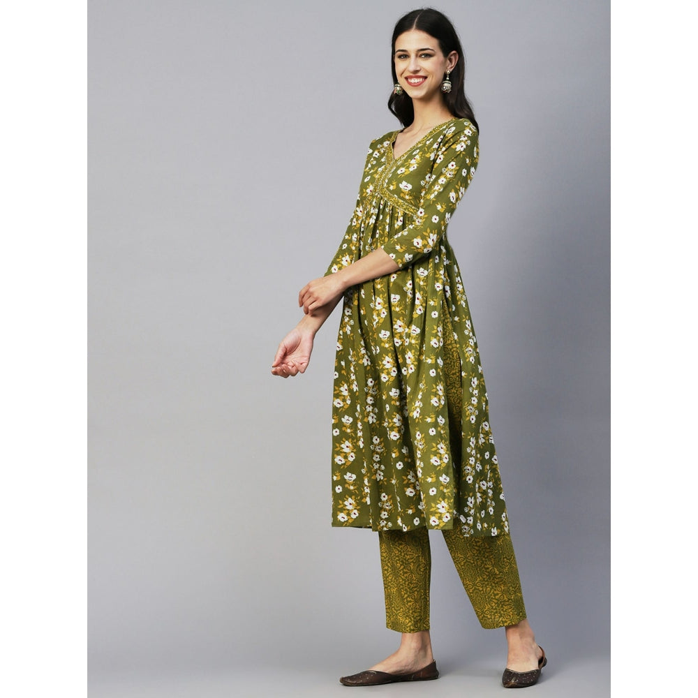 FASHOR Ethnic Floral Printed & Embroidered A-Line Kurta with Pant-Green (Set of 2)