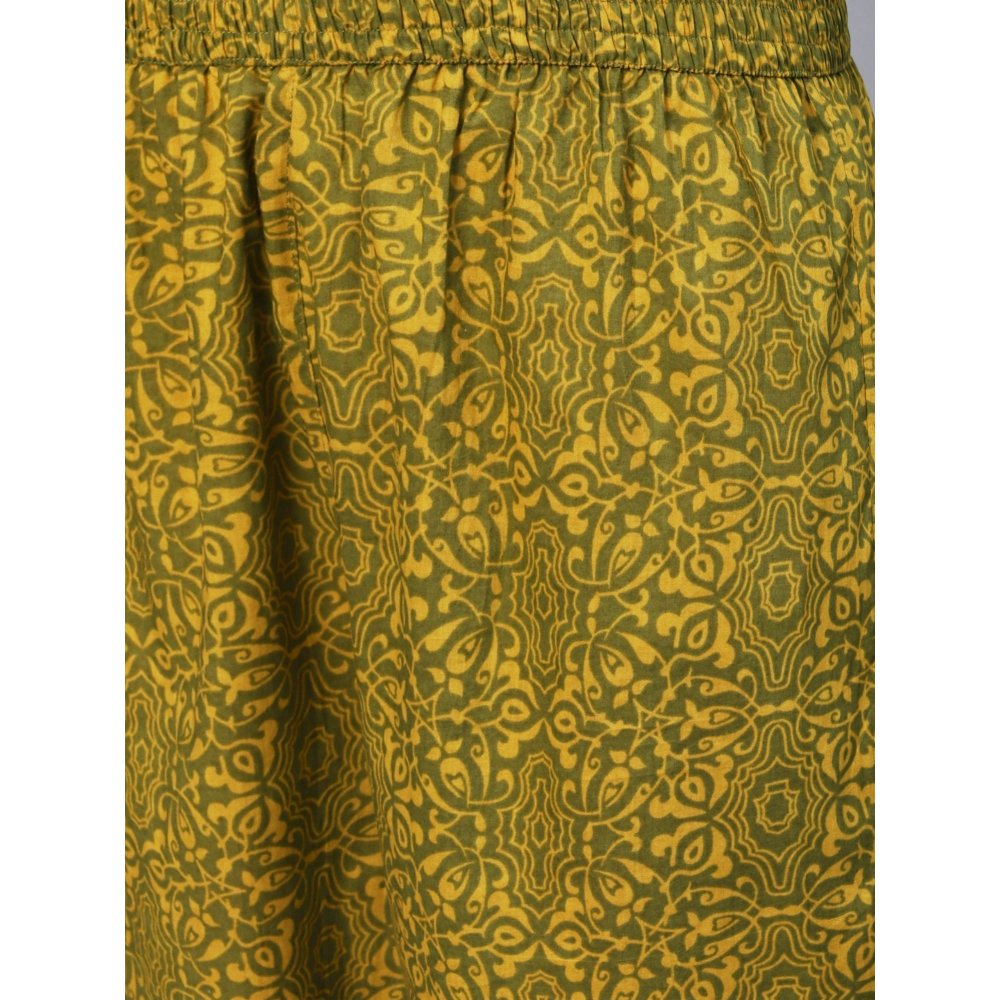 FASHOR Ethnic Floral Printed & Embroidered A-Line Kurta with Pant-Green (Set of 2)