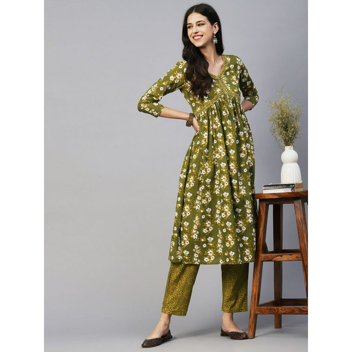 FASHOR Ethnic Floral Printed & Embroidered A-Line Kurta with Pant-Green (Set of 2)