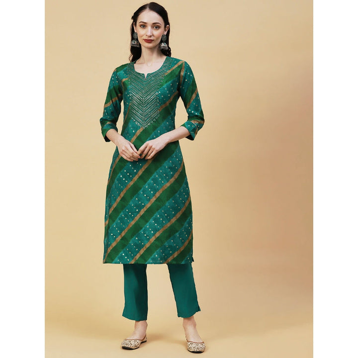 FASHOR Lehriya & Foil Printed Mirror & Resham Embroidered Kurta With Pants - Green (Set of 2)