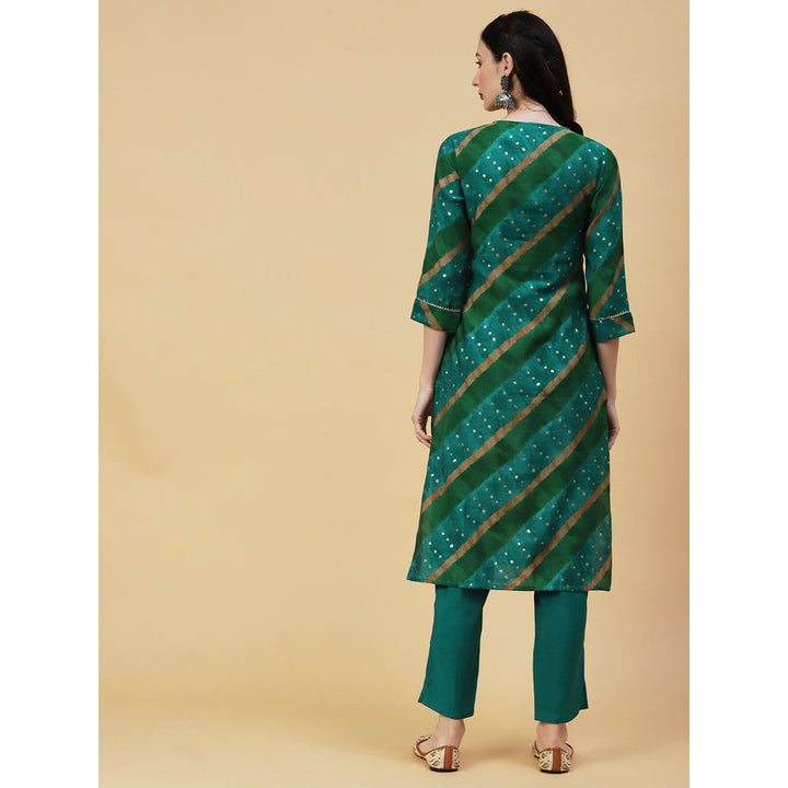 FASHOR Lehriya & Foil Printed Mirror & Resham Embroidered Kurta With Pants - Green (Set of 2)