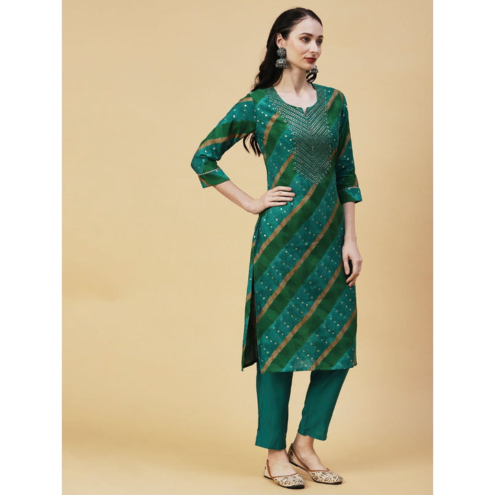 FASHOR Lehriya & Foil Printed Mirror & Resham Embroidered Kurta With Pants - Green (Set of 2)