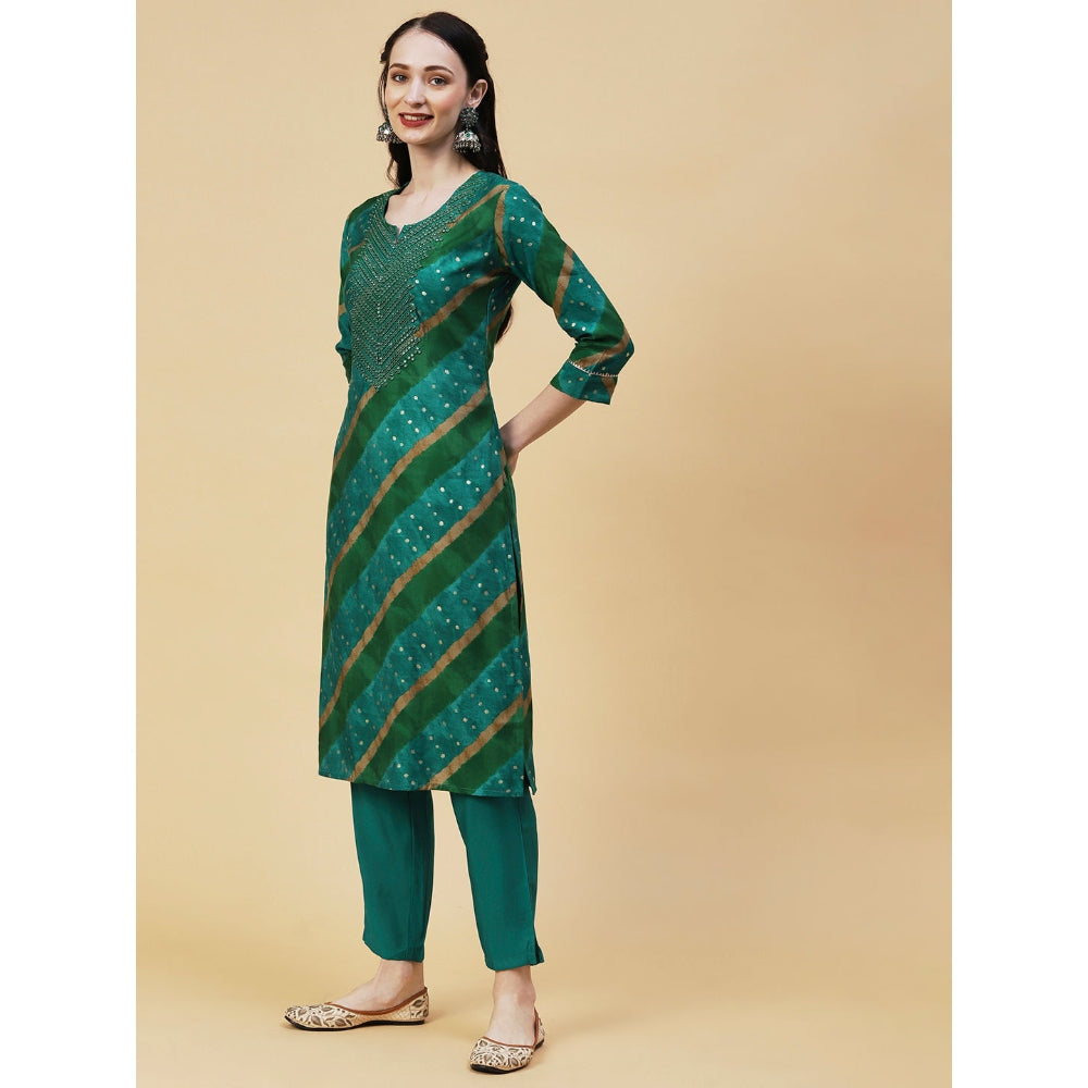 FASHOR Lehriya & Foil Printed Mirror & Resham Embroidered Kurta With Pants - Green (Set of 2)