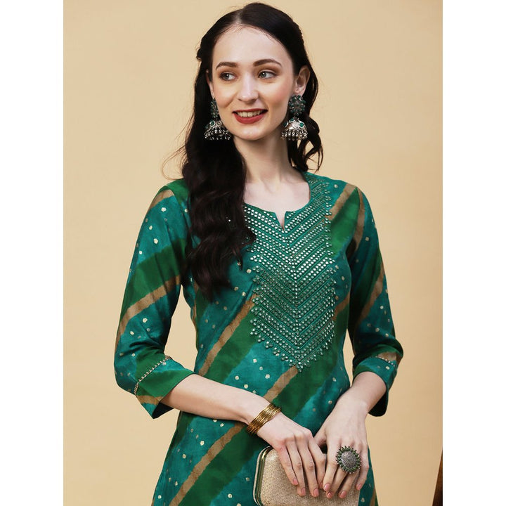 FASHOR Lehriya & Foil Printed Mirror & Resham Embroidered Kurta With Pants - Green (Set of 2)