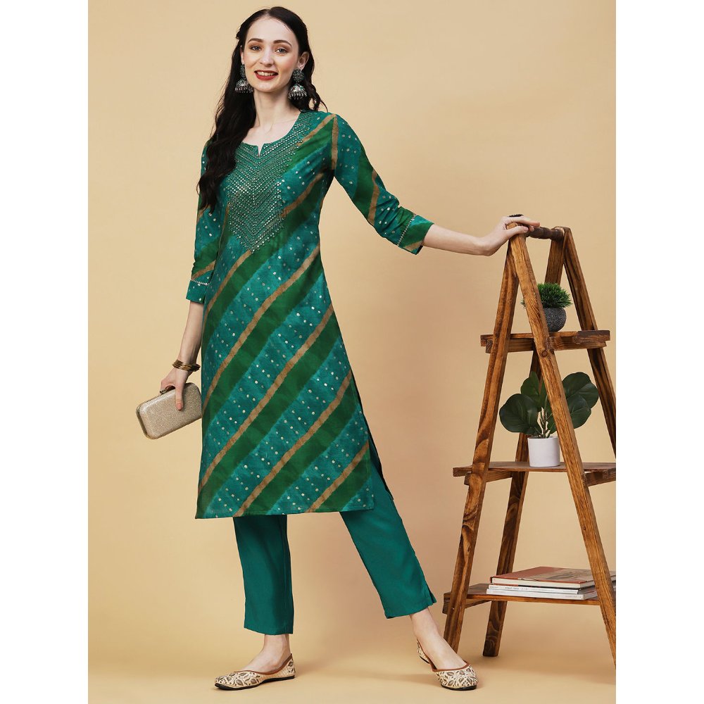 FASHOR Lehriya & Foil Printed Mirror & Resham Embroidered Kurta With Pants - Green (Set of 2)