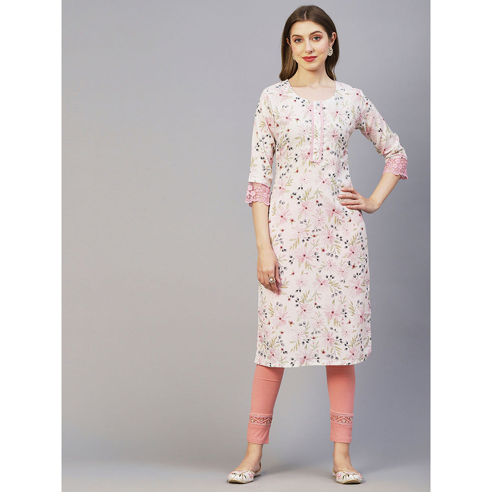 FASHOR Floral Printed Pearl & Sequins Embroidered Linen Blend Kurta - White & Pink