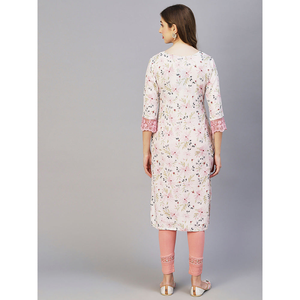 FASHOR Floral Printed Pearl & Sequins Embroidered Linen Blend Kurta - White & Pink