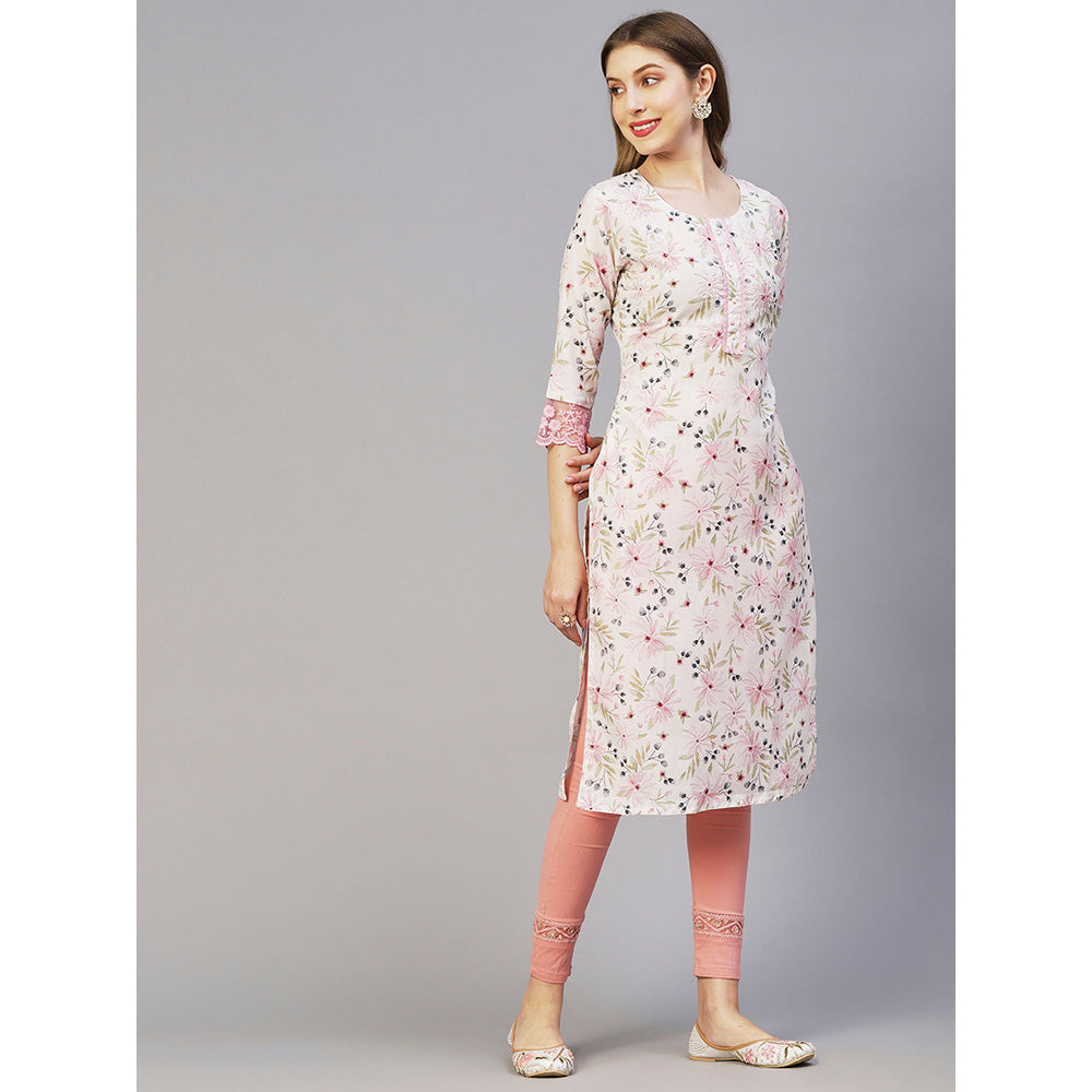 FASHOR Floral Printed Pearl & Sequins Embroidered Linen Blend Kurta - White & Pink