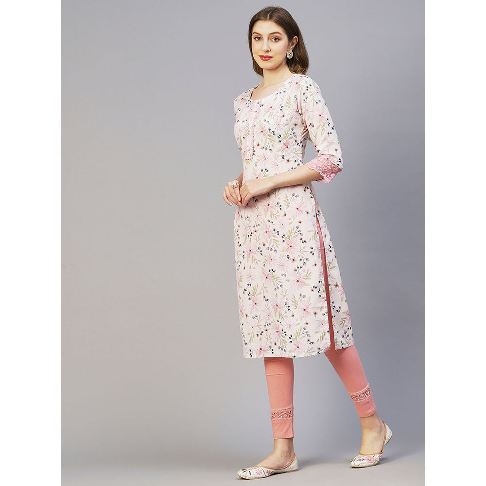 FASHOR Floral Printed Pearl & Sequins Embroidered Linen Blend Kurta - White & Pink