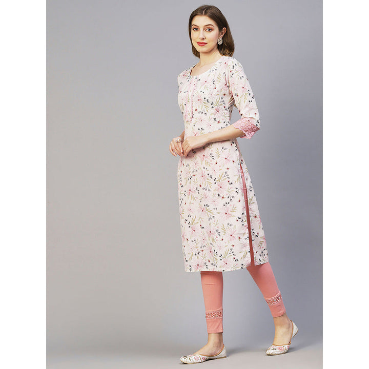 FASHOR Floral Printed Pearl & Sequins Embroidered Linen Blend Kurta - White & Pink