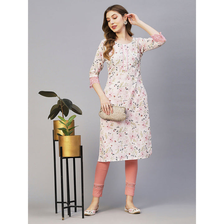 FASHOR Floral Printed Pearl & Sequins Embroidered Linen Blend Kurta - White & Pink