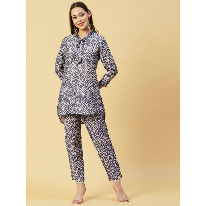 FASHOR Batik Printed Buttoned High-Low Hem Kurta with Pants - Blue (Set of 2)