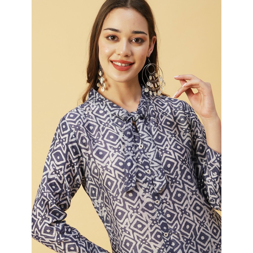 FASHOR Batik Printed Buttoned High-Low Hem Kurta with Pants - Blue (Set of 2)