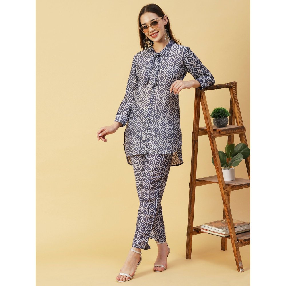 FASHOR Batik Printed Buttoned High-Low Hem Kurta with Pants - Blue (Set of 2)