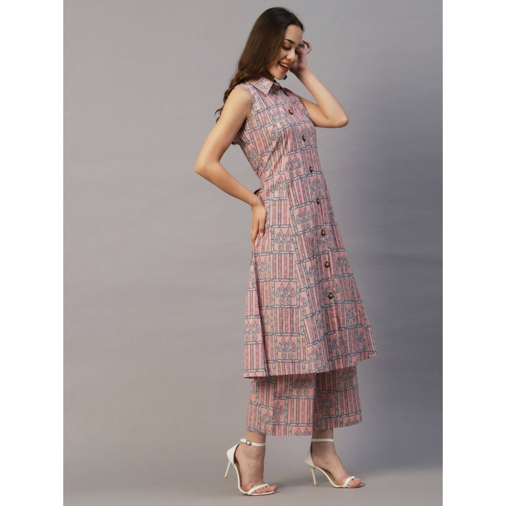 FASHOR Ethnic Geometric and Stripes Printed A-Line Kurta with Palazzo - Pink (Set of 2)