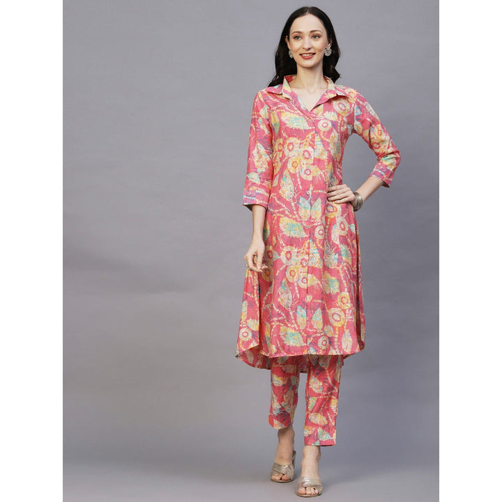 FASHOR Floral Foil Printed Panelled A-Line Kurta With Pant (Set of 2)