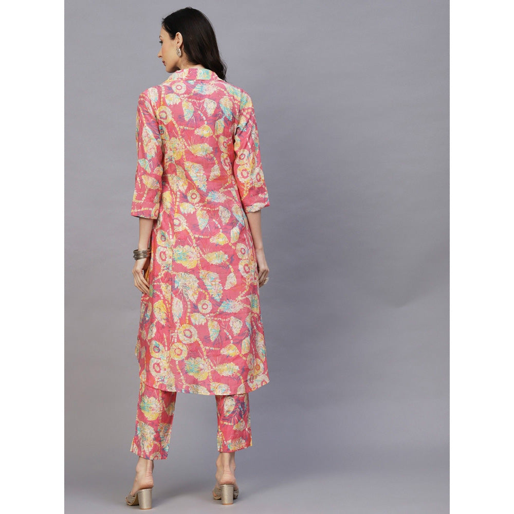 FASHOR Floral Foil Printed Panelled A-Line Kurta With Pant (Set of 2)