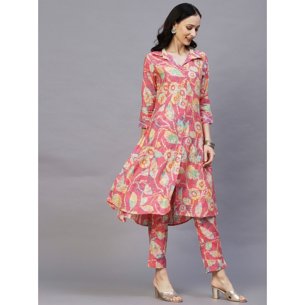 FASHOR Floral Foil Printed Panelled A-Line Kurta With Pant (Set of 2)