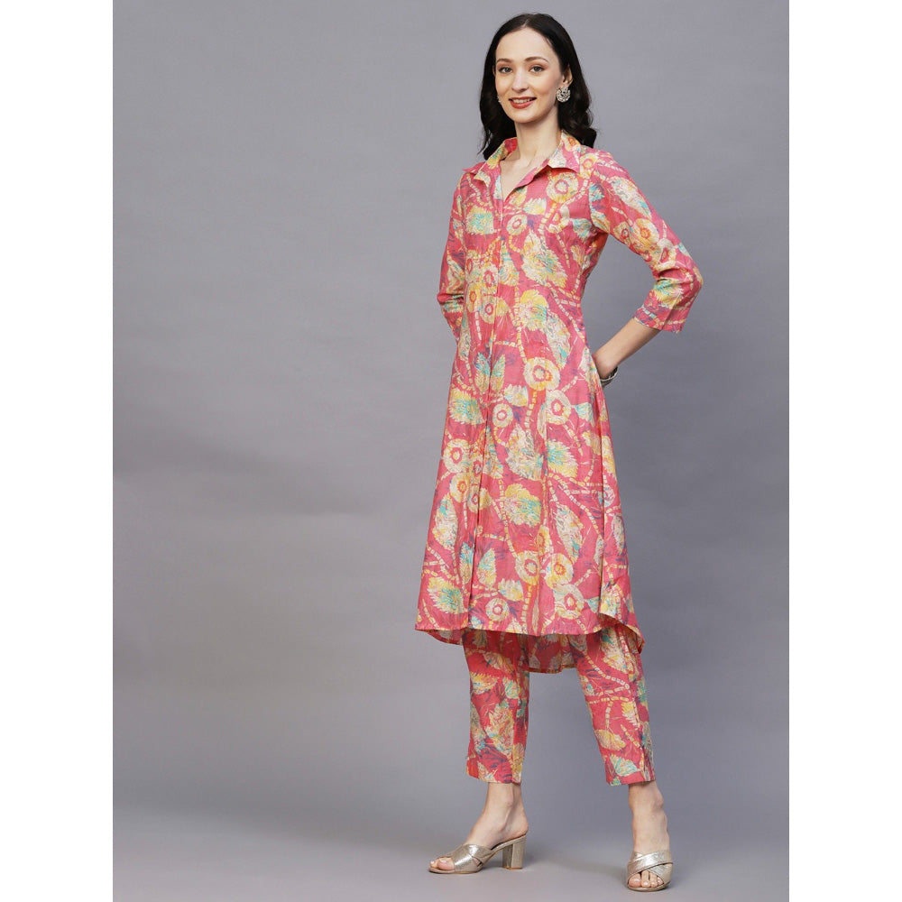 FASHOR Floral Foil Printed Panelled A-Line Kurta With Pant (Set of 2)