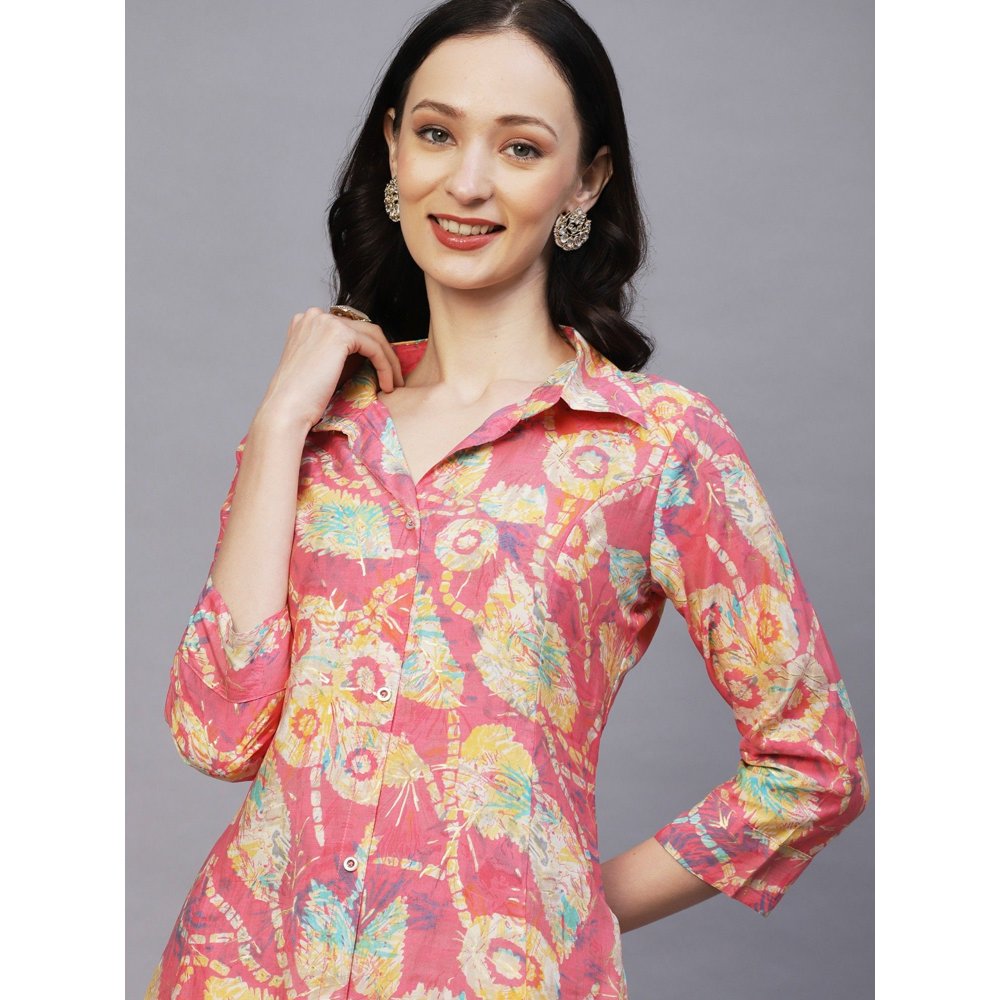 FASHOR Floral Foil Printed Panelled A-Line Kurta With Pant (Set of 2)