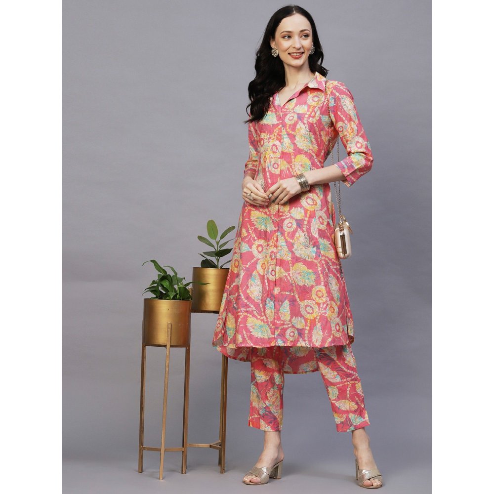 FASHOR Floral Foil Printed Panelled A-Line Kurta With Pant (Set of 2)