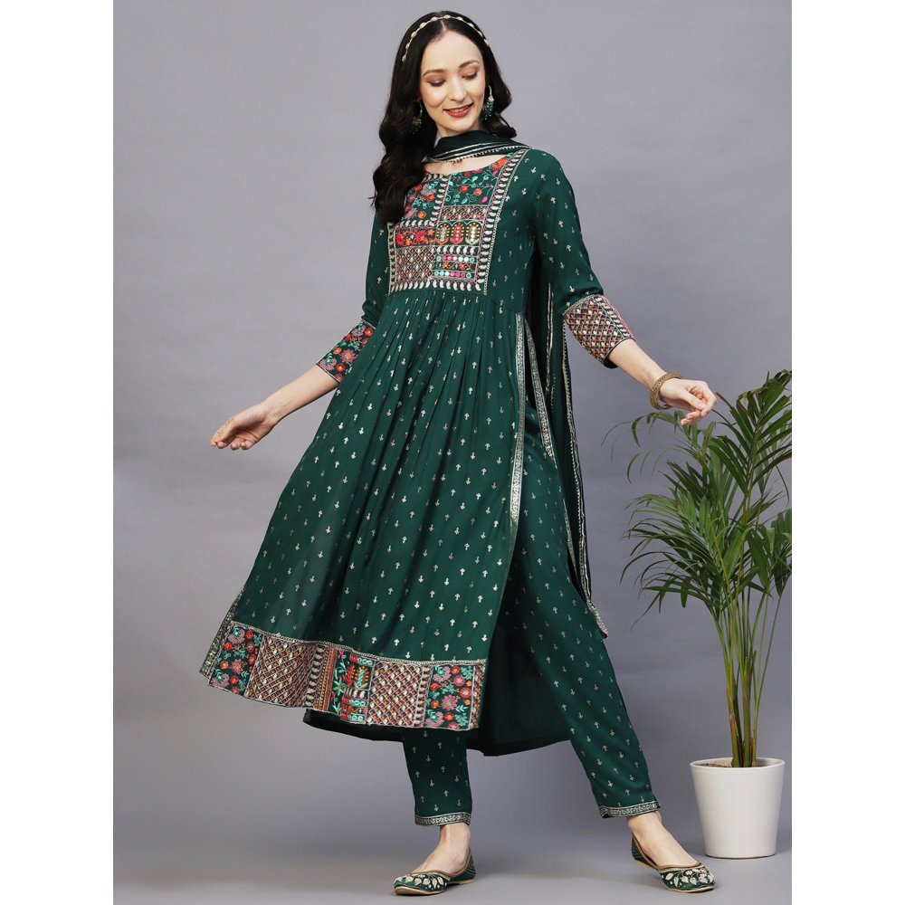 FASHOR Printed Resham & Zari Embroidered High Slit Kurta With Pant & Dupatta (Set of 3)