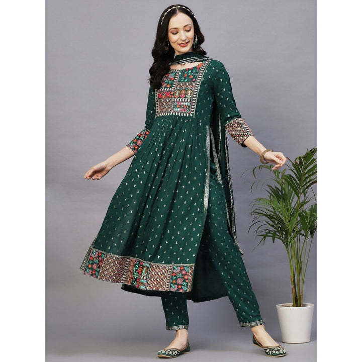 FASHOR Printed Resham & Zari Embroidered High Slit Kurta With Pant & Dupatta (Set of 3)