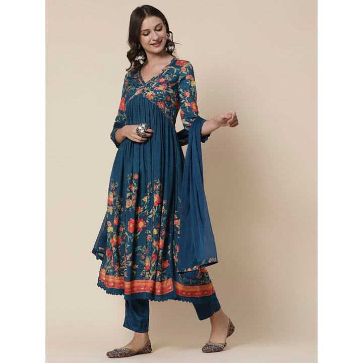 FASHOR Printed Sequins & Beads Embroidered Kurta With Pant & Dupatta - Teal (Set of 3)